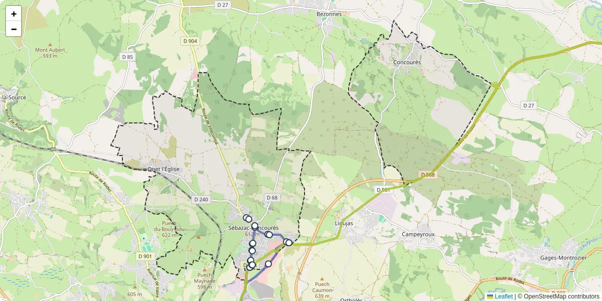 Carte du réseau de transport en commun à Sébazac-Concourès - lignes de bus et arrêts