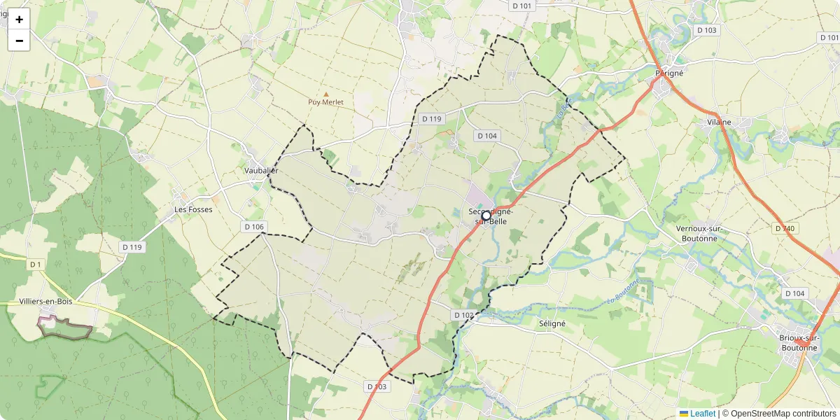 Carte du réseau de transport en commun à Secondigné-sur-Belle - lignes de bus et arrêts