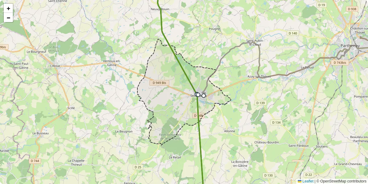 Carte du réseau de transport en commun à Secondigny - lignes de bus et arrêts