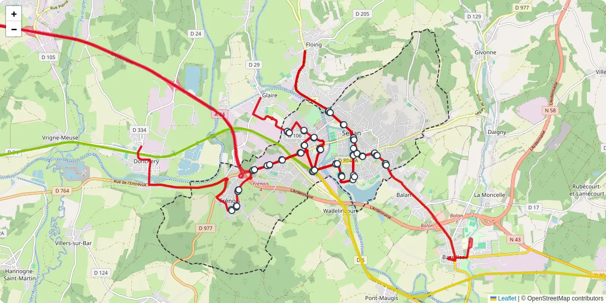 Carte du réseau de transport en commun à Sedan - lignes de bus et arrêts