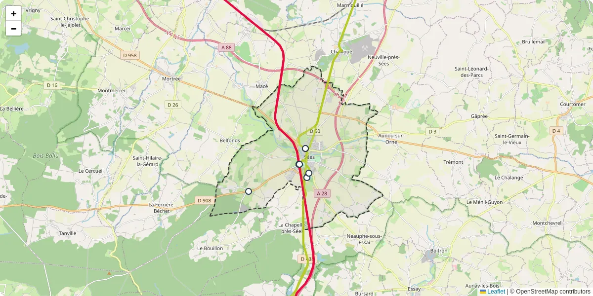 Carte du réseau de transport en commun à Sées - lignes de bus et arrêts