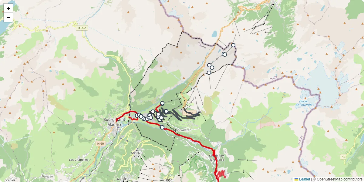 Carte du réseau de transport en commun à Séez - lignes de bus et arrêts