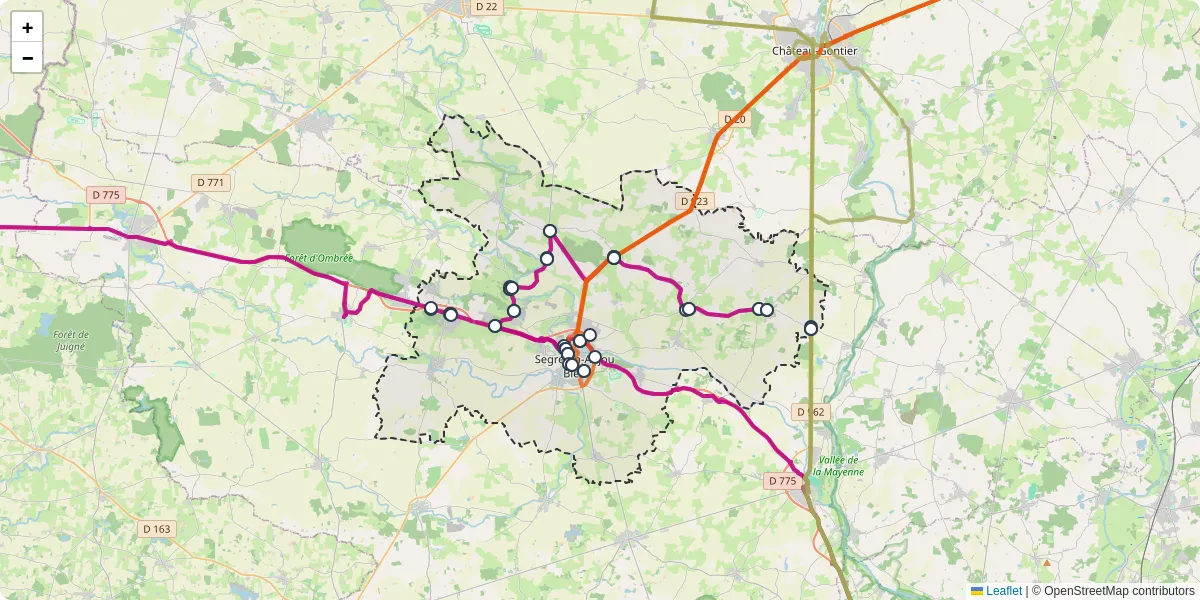 Carte du réseau de transport en commun à Segré-en-Anjou Bleu - lignes de bus et arrêts