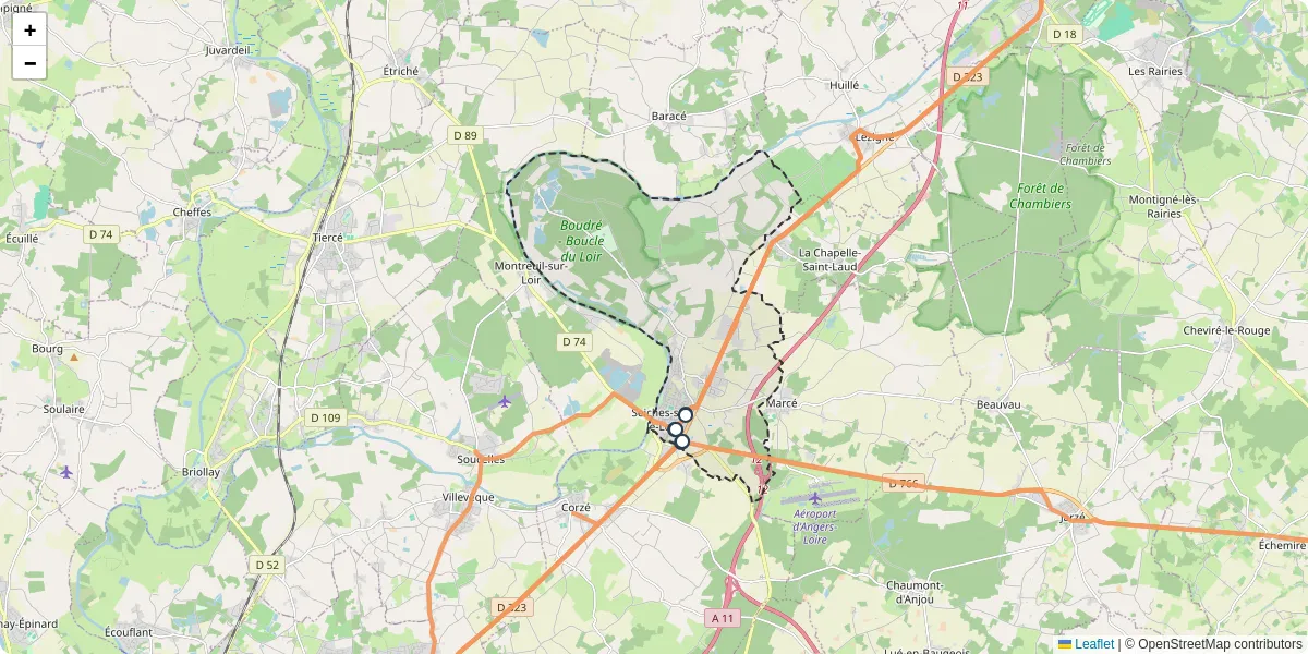 Carte du réseau de transport en commun à Seiches-sur-le-Loir - lignes de bus et arrêts