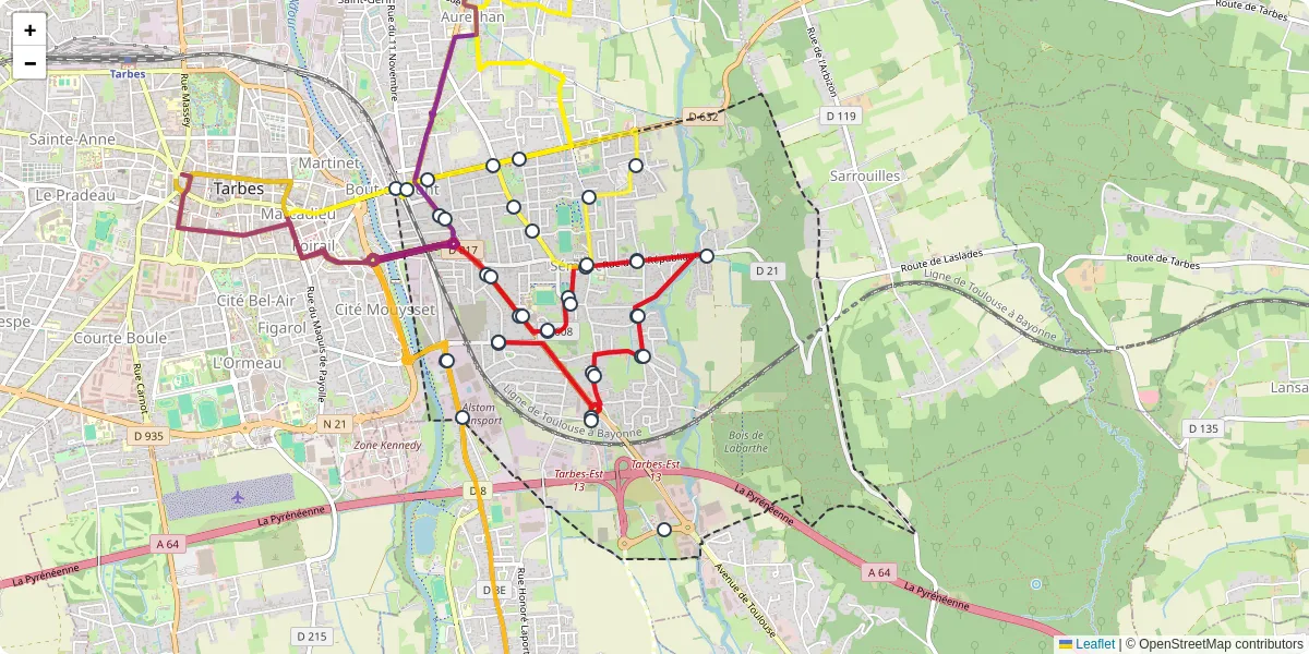 Carte du réseau de transport en commun à Séméac - lignes de bus et arrêts