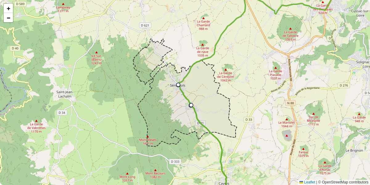 Carte du réseau de transport en commun à Séneujols - lignes de bus et arrêts