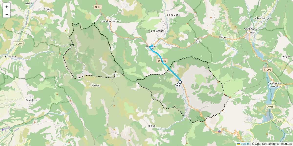Carte du réseau de transport en commun à Senez - lignes de bus et arrêts