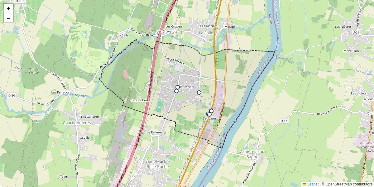 Carte du réseau de transport en commun à Senozan - lignes de bus et arrêts