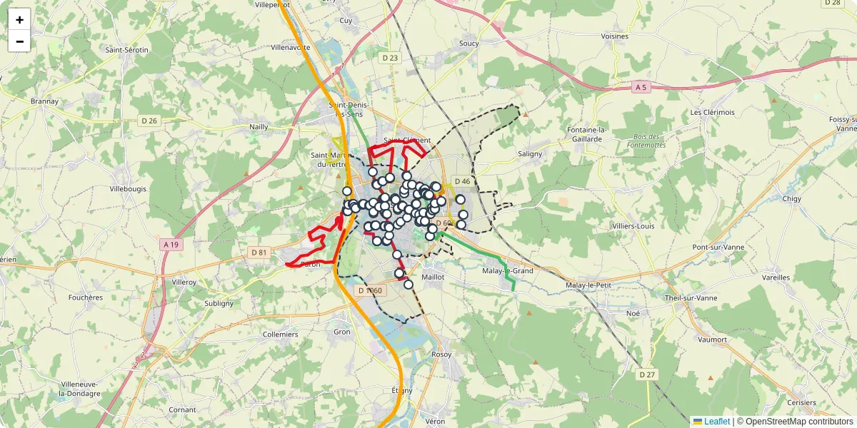 Carte du réseau de transport en commun à Sens - lignes de bus et arrêts