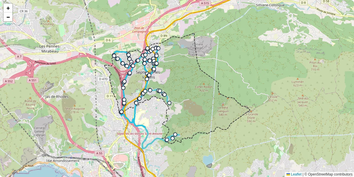 Carte du réseau de transport en commun à Septèmes-les-Vallons - lignes de bus et arrêts