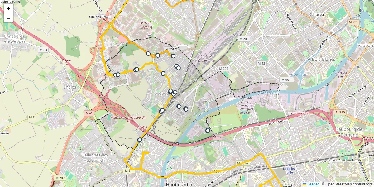 Carte du réseau de transport en commun à Sequedin - lignes de bus et arrêts