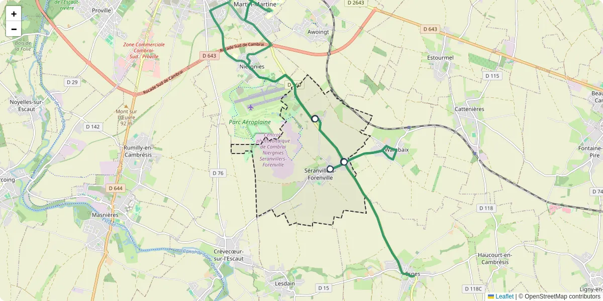 Carte du réseau de transport en commun à Séranvillers-Forenville - lignes de bus et arrêts