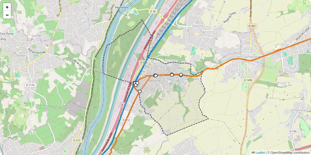 Carte du réseau de transport en commun à Sérézin-du-Rhône - lignes de bus et arrêts