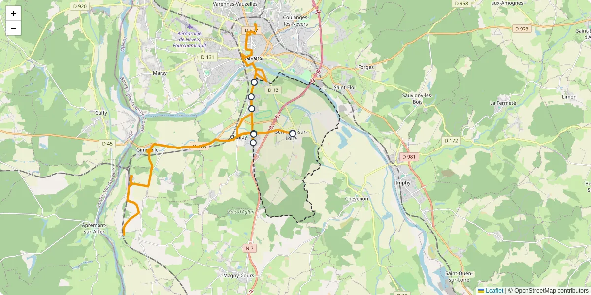 Carte du réseau de transport en commun à Sermoise-sur-Loire - lignes de bus et arrêts