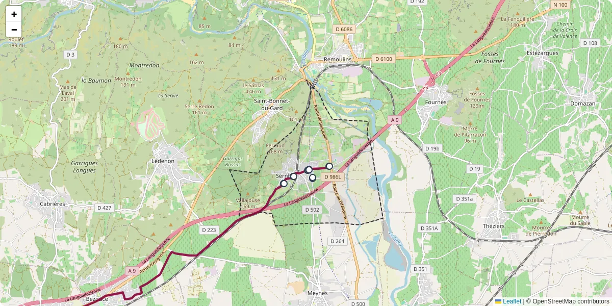 Carte du réseau de transport en commun à Sernhac - lignes de bus et arrêts