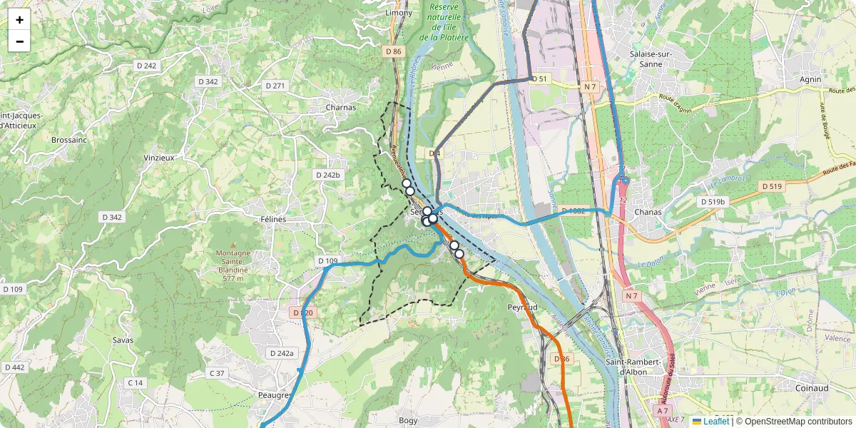 Carte du réseau de transport en commun à Serrières - lignes de bus et arrêts