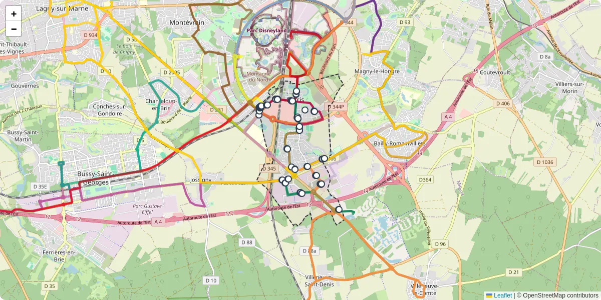 Carte du réseau de transport en commun à Serris - lignes de bus et arrêts