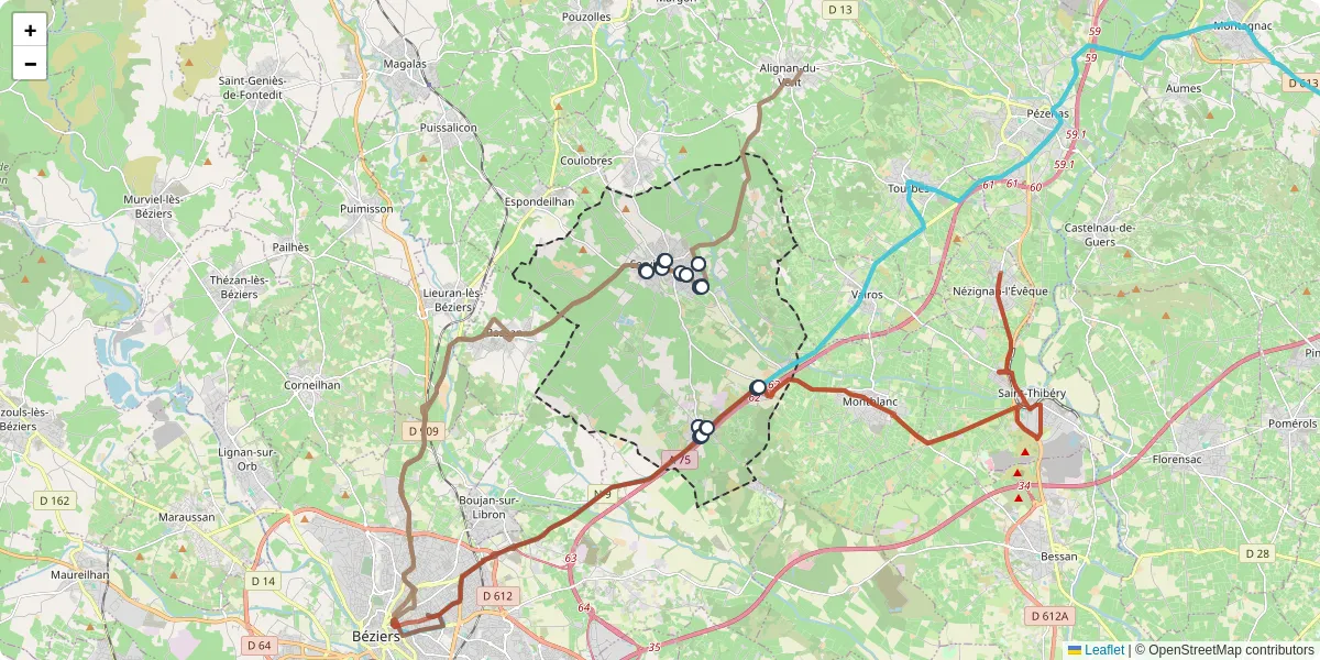Carte du réseau de transport en commun à Servian - lignes de bus et arrêts