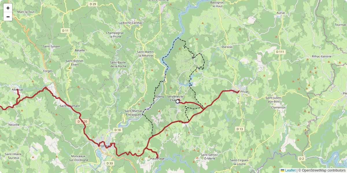 Carte du réseau de transport en commun à Servières-le-Château - lignes de bus et arrêts