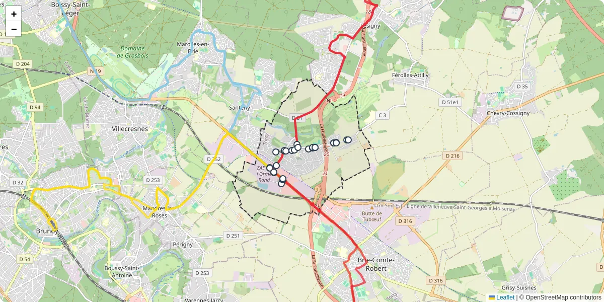 Carte du réseau de transport en commun à Servon - lignes de bus et arrêts