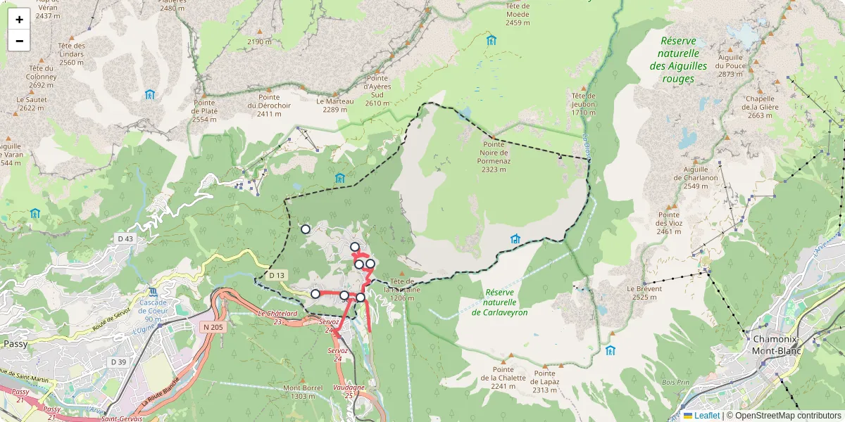 Carte du réseau de transport en commun à Servoz - lignes de bus et arrêts