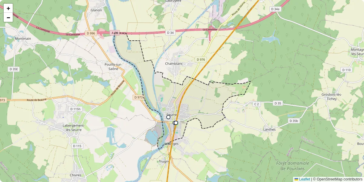 Carte du réseau de transport en commun à Seurre - lignes de bus et arrêts