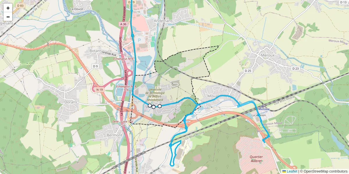 Carte du réseau de transport en commun à Sevenans - lignes de bus et arrêts