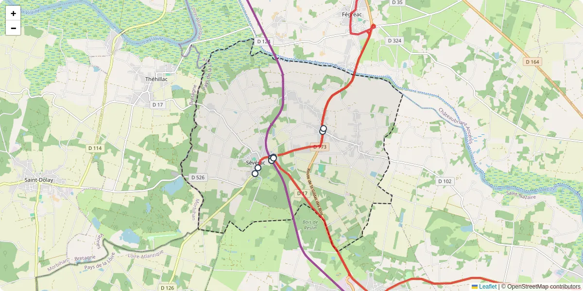 Carte du réseau de transport en commun à Sévérac - lignes de bus et arrêts