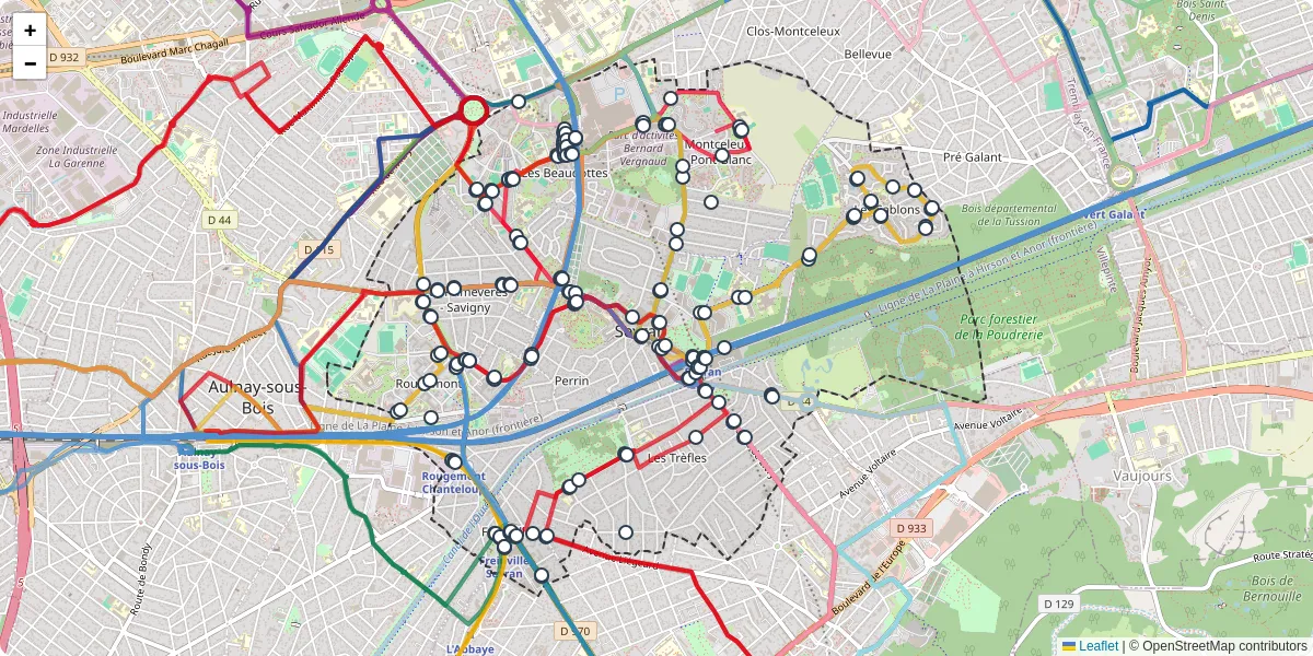 Carte du réseau de transport en commun à Sevran - lignes de bus et arrêts