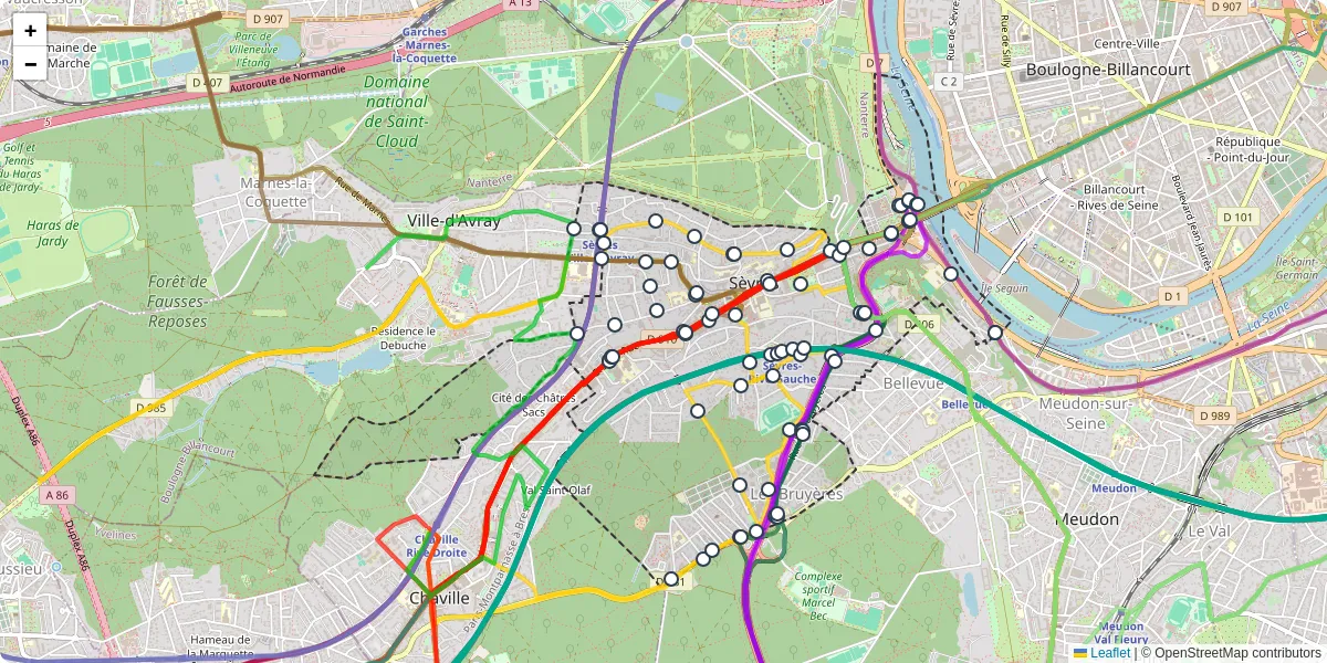 Carte du réseau de transport en commun à Sèvres - lignes de bus et arrêts