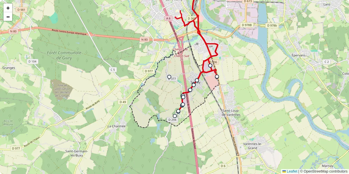 Carte du réseau de transport en commun à Sevrey - lignes de bus et arrêts