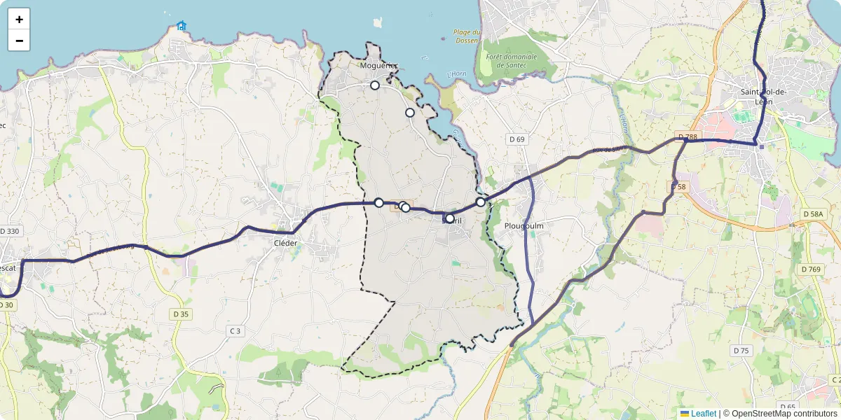 Carte du réseau de transport en commun à Sibiril - lignes de bus et arrêts