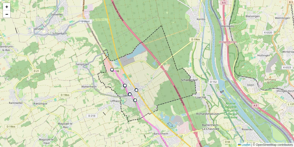 Carte du réseau de transport en commun à Sierentz - lignes de bus et arrêts