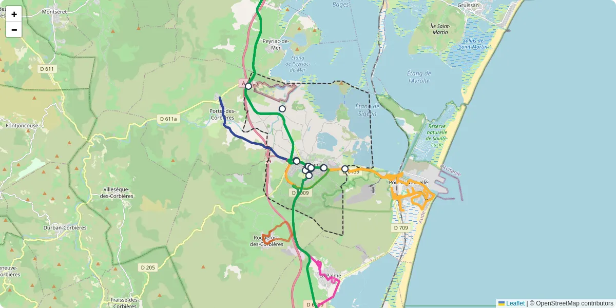 Carte du réseau de transport en commun à Sigean - lignes de bus et arrêts