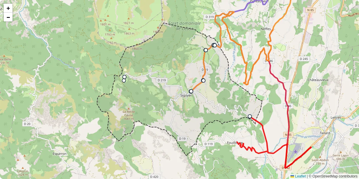 Carte du réseau de transport en commun à Sigoyer - lignes de bus et arrêts