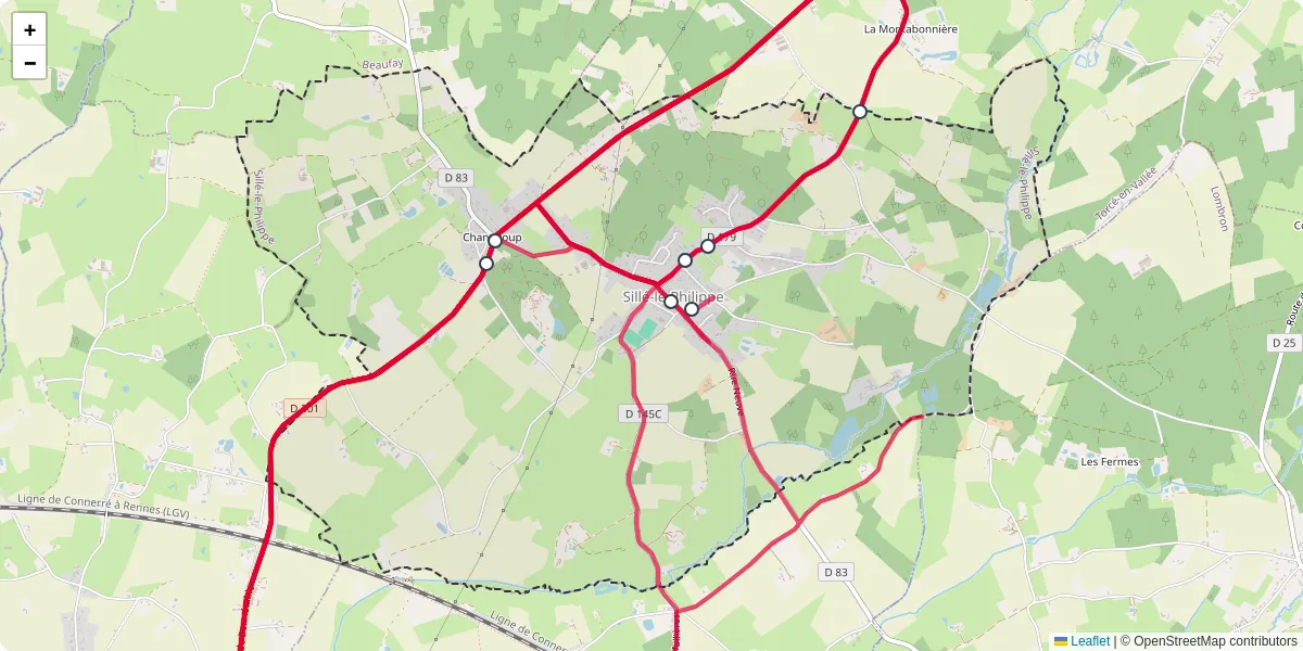 Carte du réseau de transport en commun à Sillé-le-Philippe - lignes de bus et arrêts