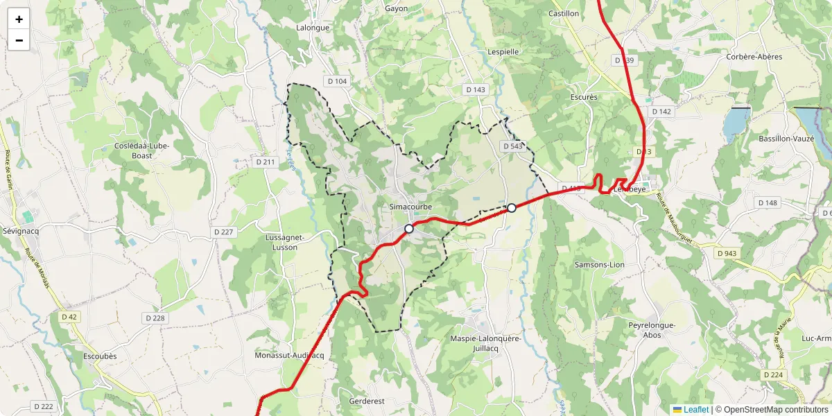 Carte du réseau de transport en commun à Simacourbe - lignes de bus et arrêts