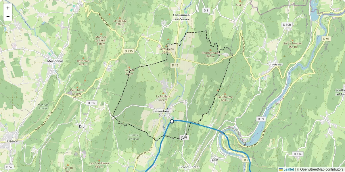 Carte du réseau de transport en commun à Simandre-sur-Suran - lignes de bus et arrêts