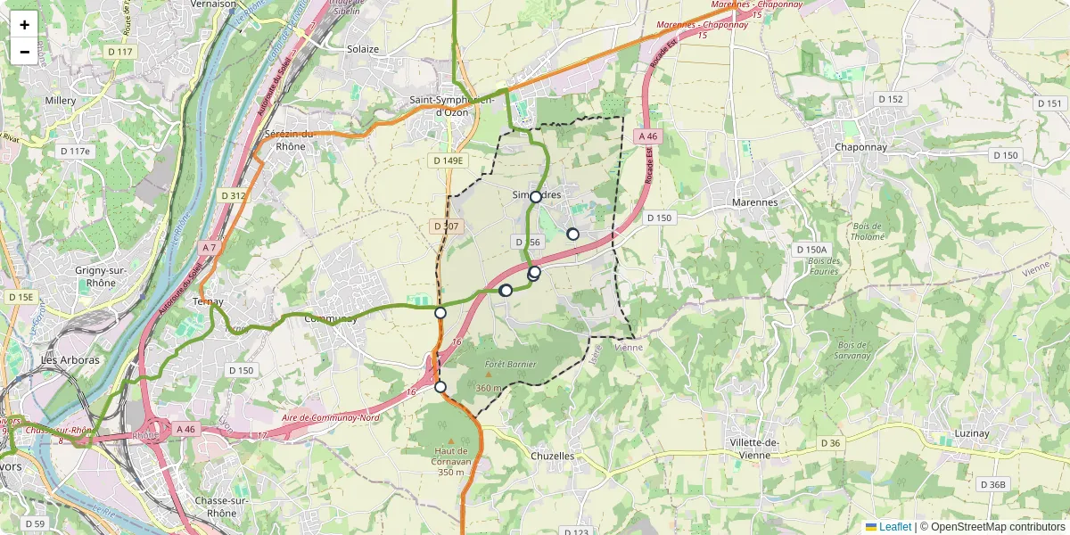 Carte du réseau de transport en commun à Simandres - lignes de bus et arrêts