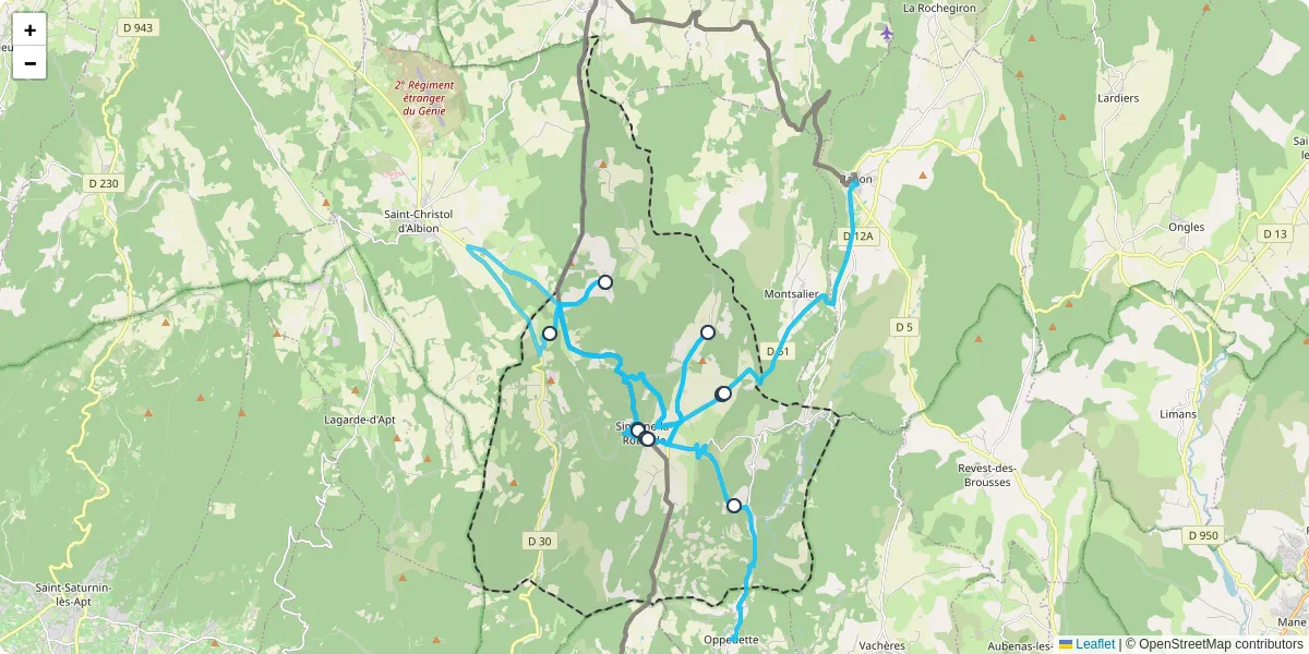 Carte du réseau de transport en commun à Simiane-la-Rotonde - lignes de bus et arrêts