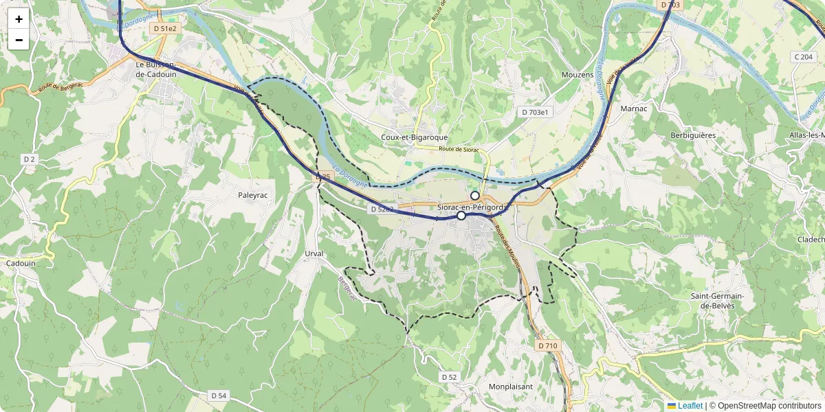Carte du réseau de transport en commun à Siorac-en-Périgord - lignes de bus et arrêts
