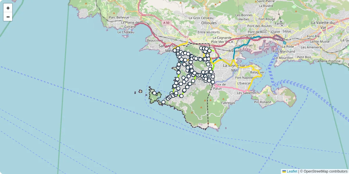 Carte du réseau de transport en commun à Six-Fours-les-Plages - lignes de bus et arrêts