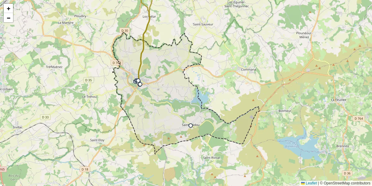 Carte du réseau de transport en commun à Sizun - lignes de bus et arrêts