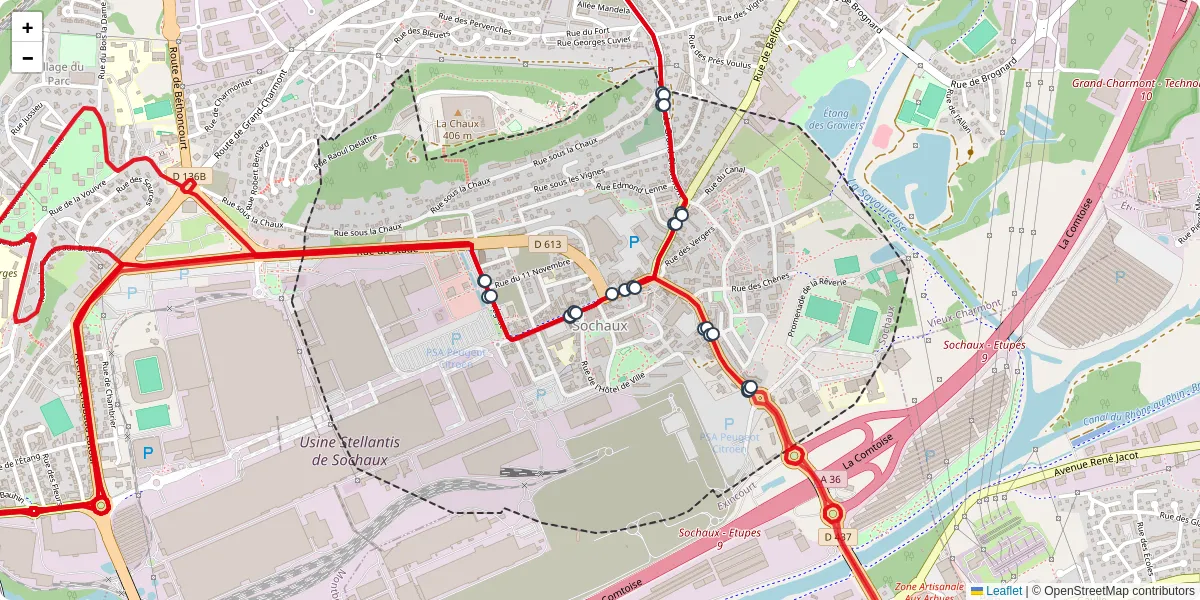 Carte du réseau de transport en commun à Sochaux - lignes de bus et arrêts