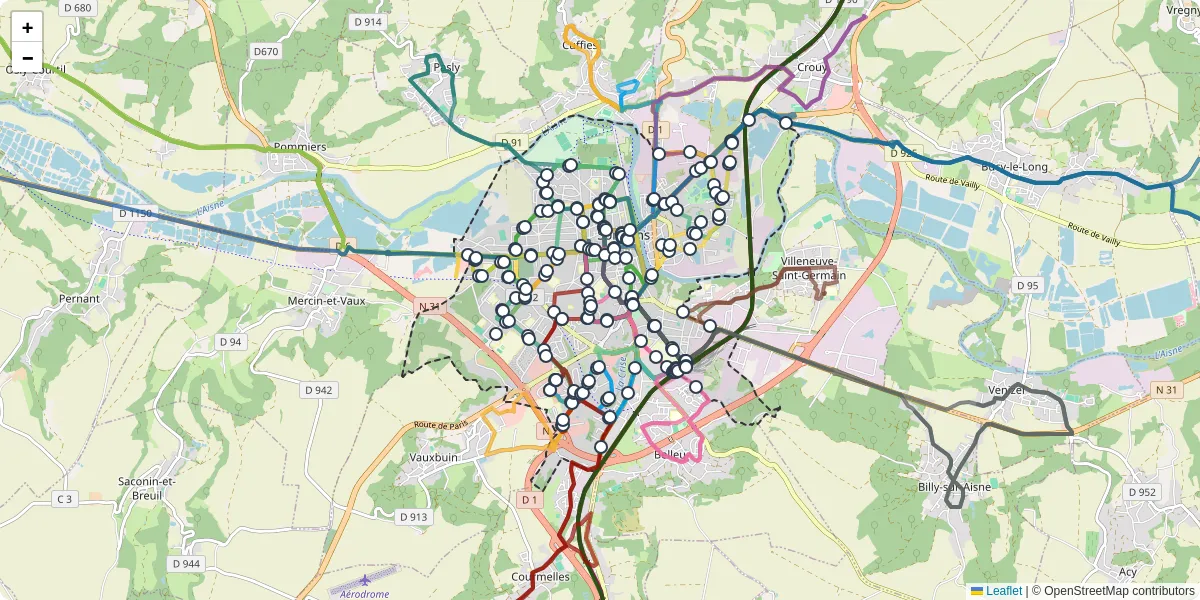 Carte du réseau de transport en commun à Soissons - lignes de bus et arrêts