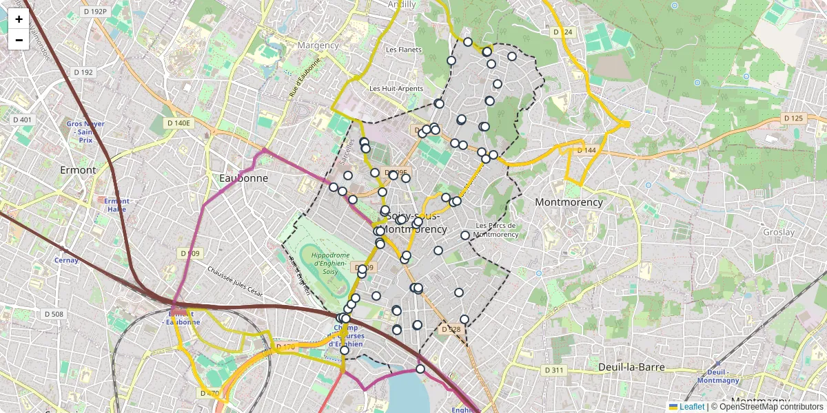 Carte du réseau de transport en commun à Soisy-sous-Montmorency - lignes de bus et arrêts