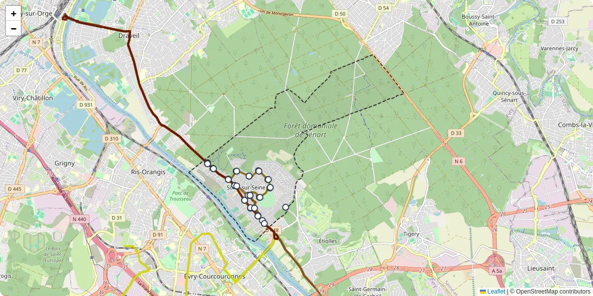 Carte du réseau de transport en commun à Soisy-sur-Seine - lignes de bus et arrêts