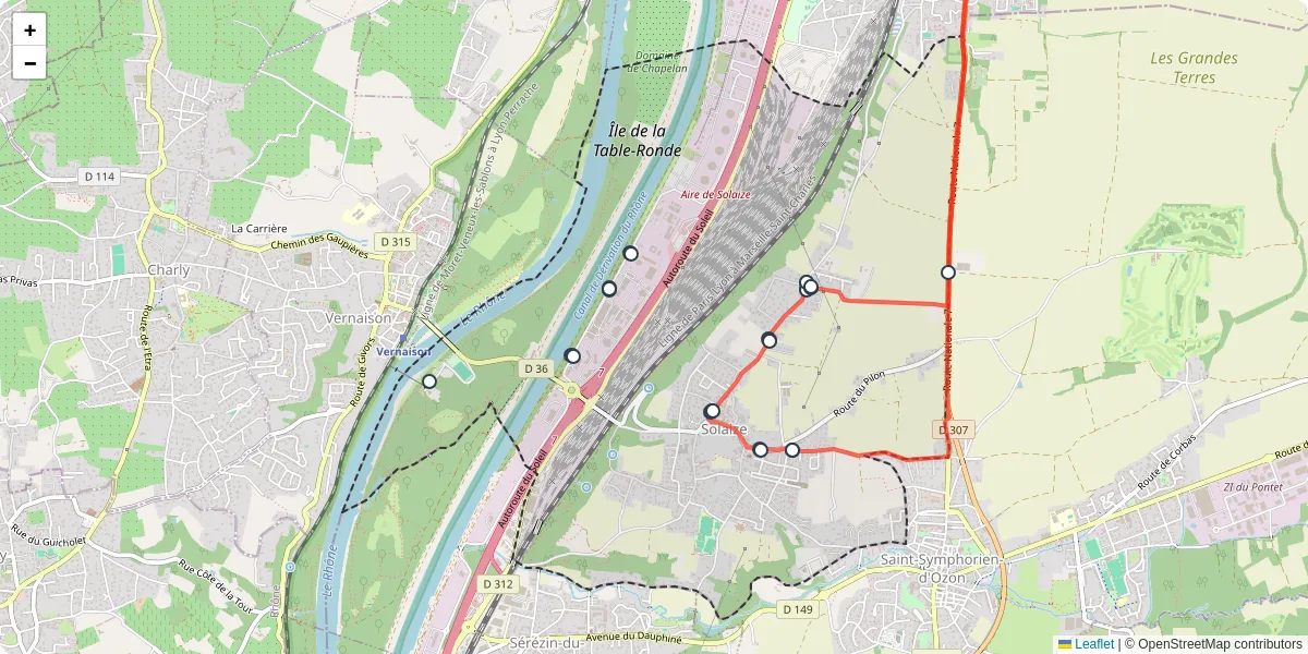 Carte du réseau de transport en commun à Solaize - lignes de bus et arrêts