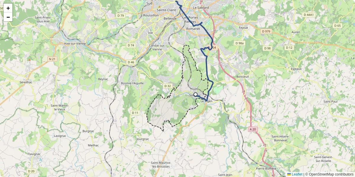 Carte du réseau de transport en commun à Solignac - lignes de bus et arrêts
