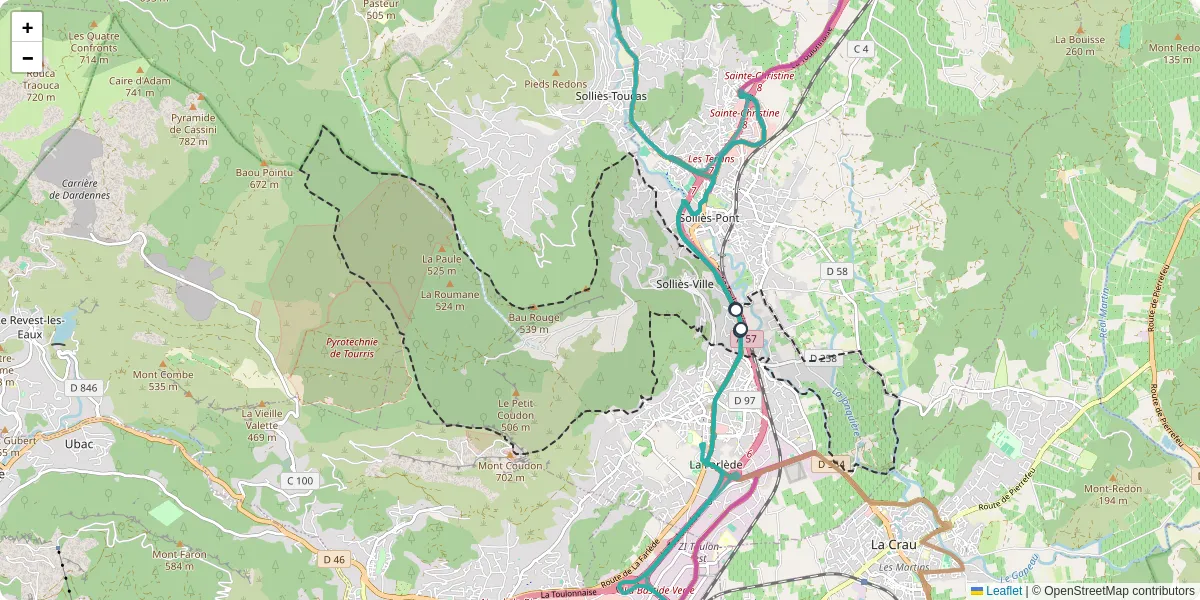 Carte du réseau de transport en commun à Solliès-Ville - lignes de bus et arrêts